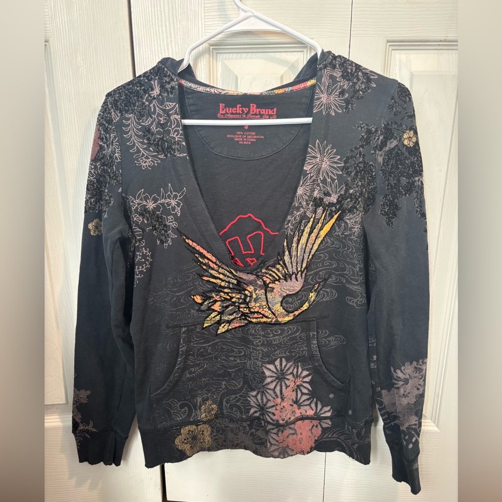 RARE Lucky Brand Black Graphic Chinese Deep V-Neck Hoodie Size Small
